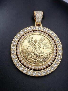 Mexican Coin 50 Pesos Centenario Spinner Pendant Full CZ Aztec Piece 3.34"